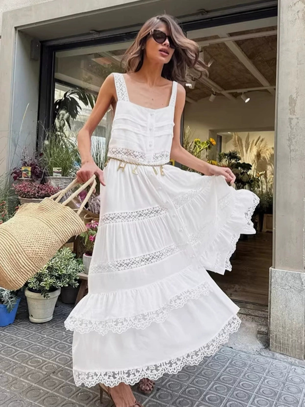Forever 21 Bohemian Lace Spaghetti Strap Dress White Flared A-Line Vacation